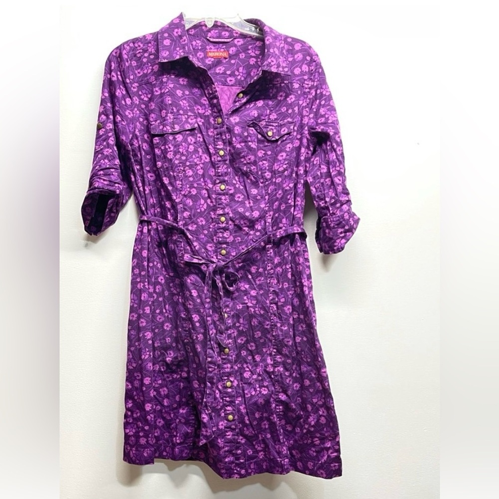 NWOT Merona Purple Floral 3/4 Sleeve Belted Shirt Dress with Pockets, Size L - Picture 12 of 14